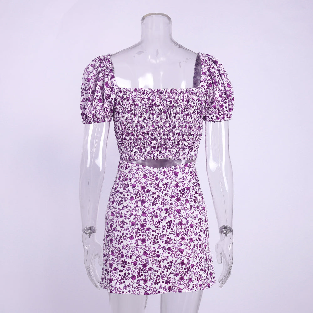 A-line Skirt High Waist Short Sleeve Floral Dress