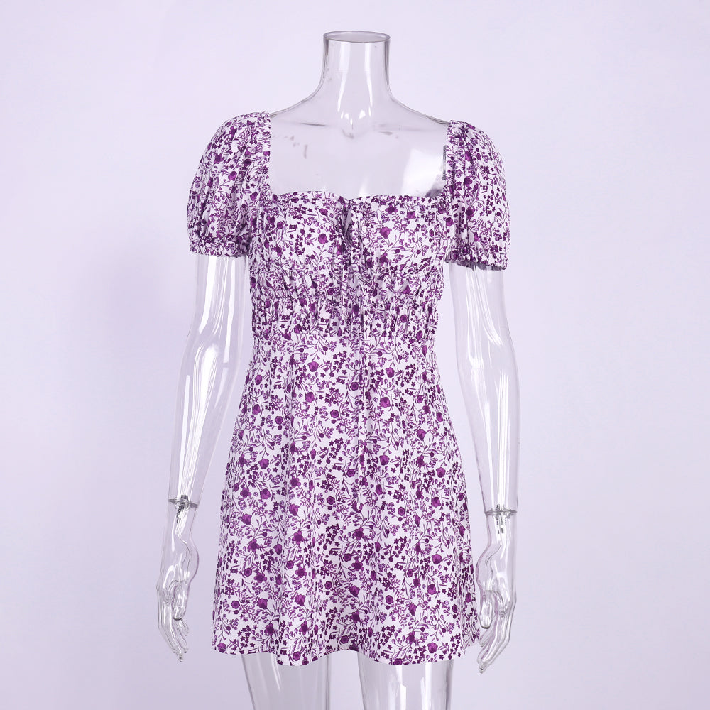 A-line Skirt High Waist Short Sleeve Floral Dress