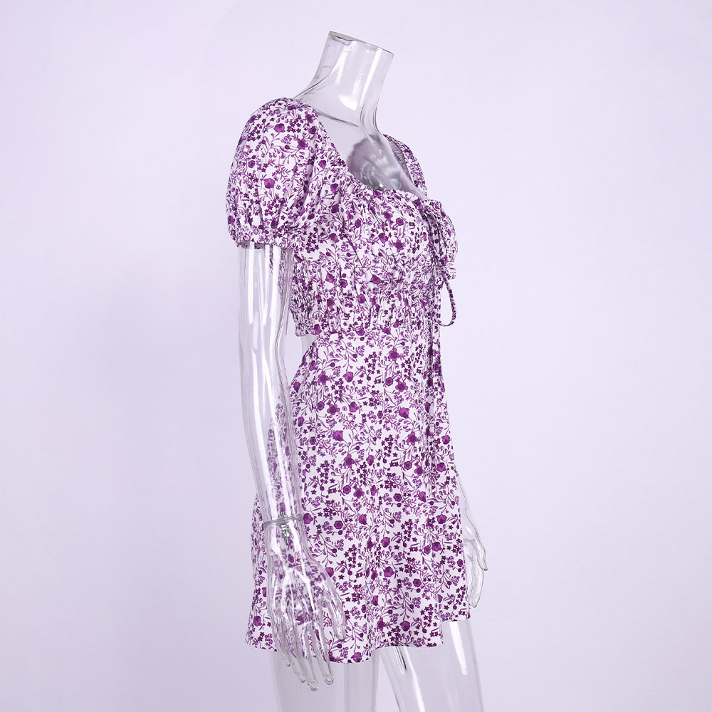 A-line Skirt High Waist Short Sleeve Floral Dress