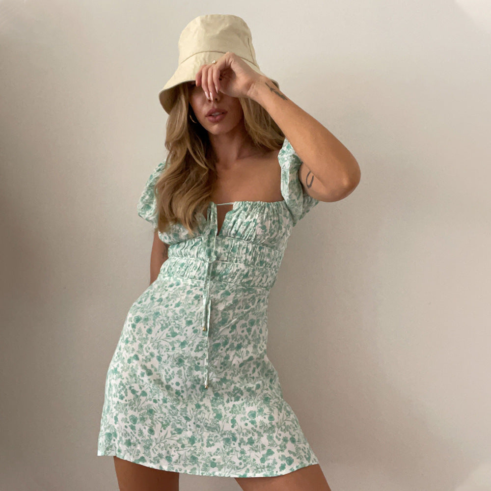 A-line Skirt High Waist Short Sleeve Floral Dress